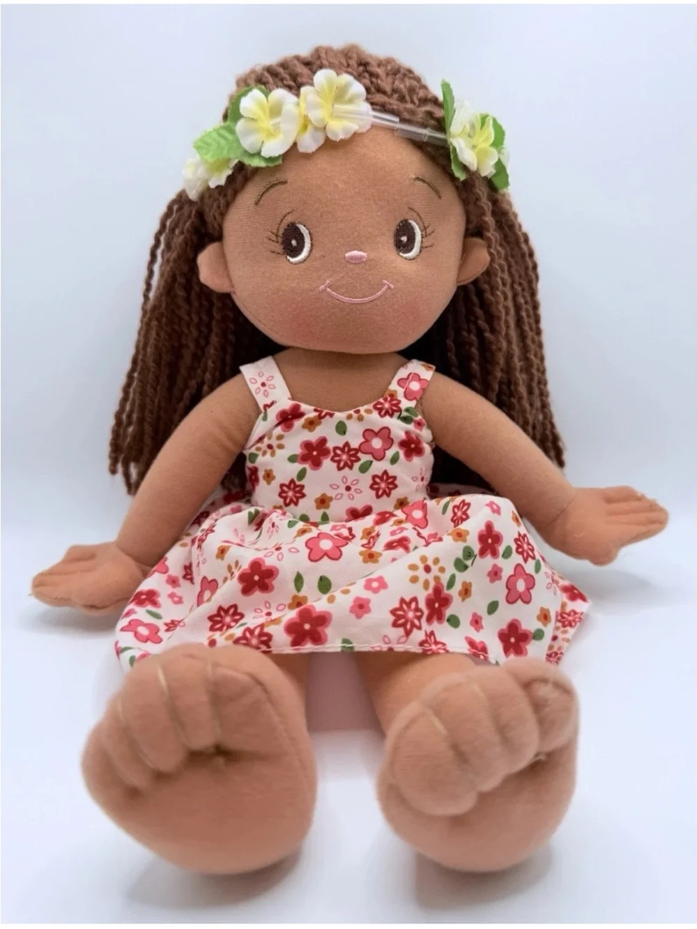 Island Hawaiian Plush Rag Doll Floral Dress Flower Crown DEFECT Read Description